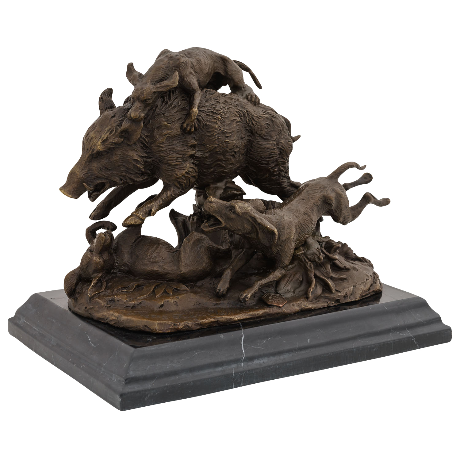 Bronzeskulptur Hund Wildschwein Jagd im Antik-Stil Bronze Figur Statue 23cm