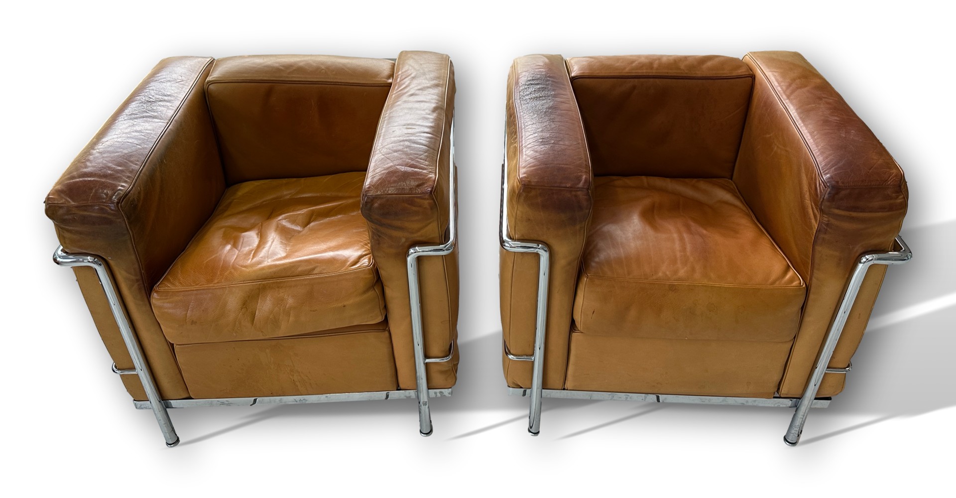 armchairs, Leder, braun, Chromrahmen, Paar