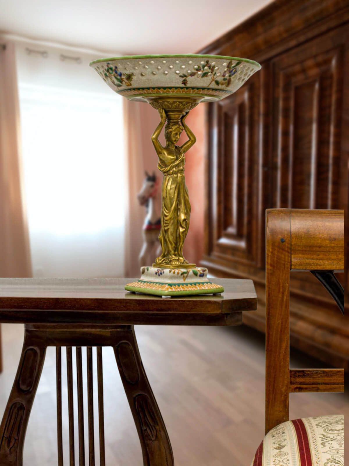 Schale Prunkschale Frau Blume Skulptur Porzellan Messing Antik-Stil 33cm