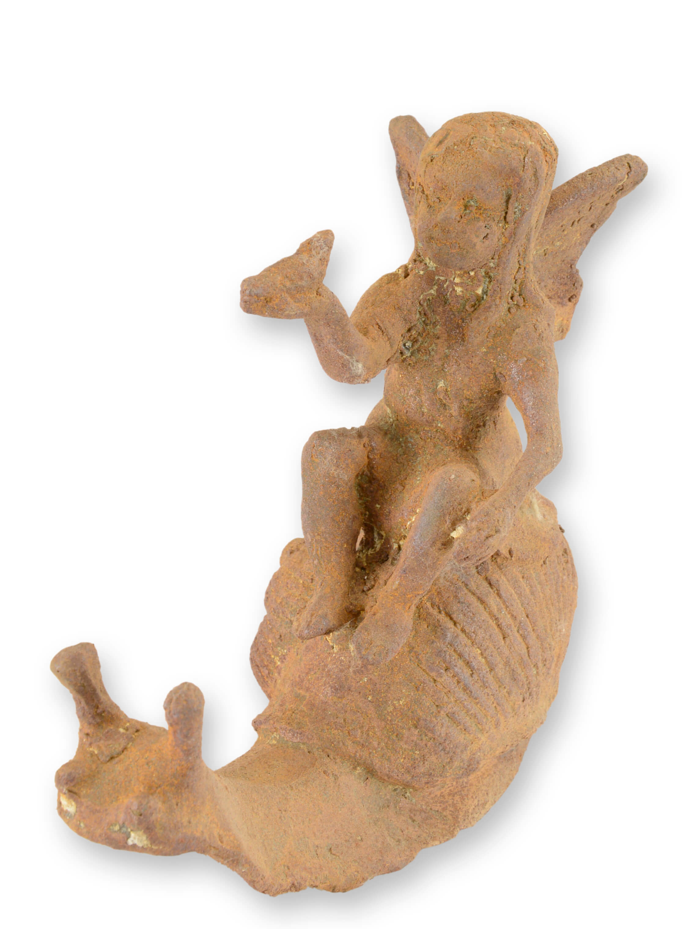 Eine rostige Gusseisenfigur einer Fee, die auf einer Schnecke reitet Replikat Retro Design Dekoration