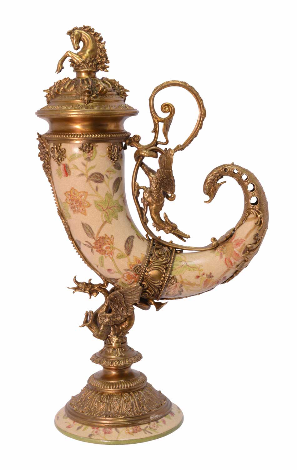 Porzellan Messing Horn Füllhorn Pferd Drache Blume Skulptur Antik-Stil 52cm