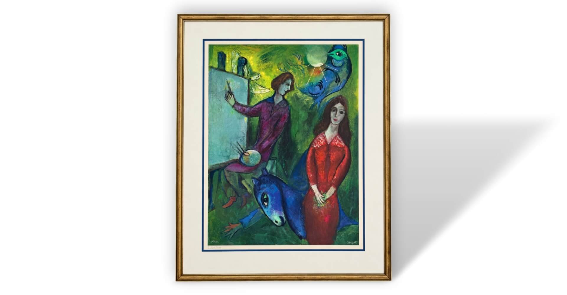 gerahmter Kunstdruck, goldener Rahmen, abstrakte Malerei, Figurenmotiv, Grün und Blau