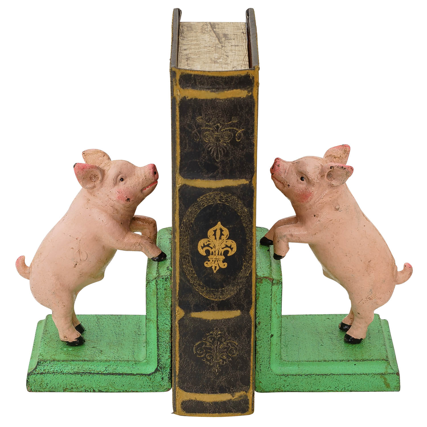 2 Buchstützen Buchständer Schwein Statue Figur Skulptur Eisen 14cm Antik-Stil