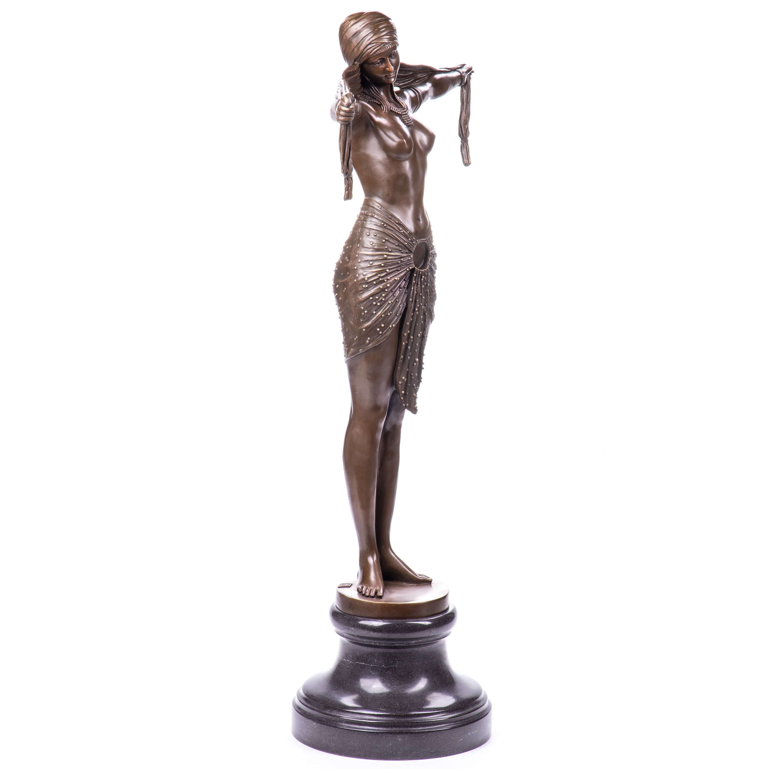 Bronze-Statue, Weibliche Figur, Perlenbesticktes Kleid, Standfigur, Standfuß Basis