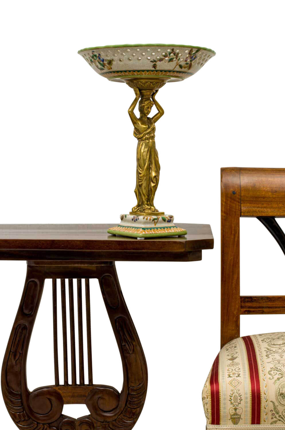 Schale Prunkschale Frau Blume Skulptur Porzellan Messing Antik-Stil 33cm