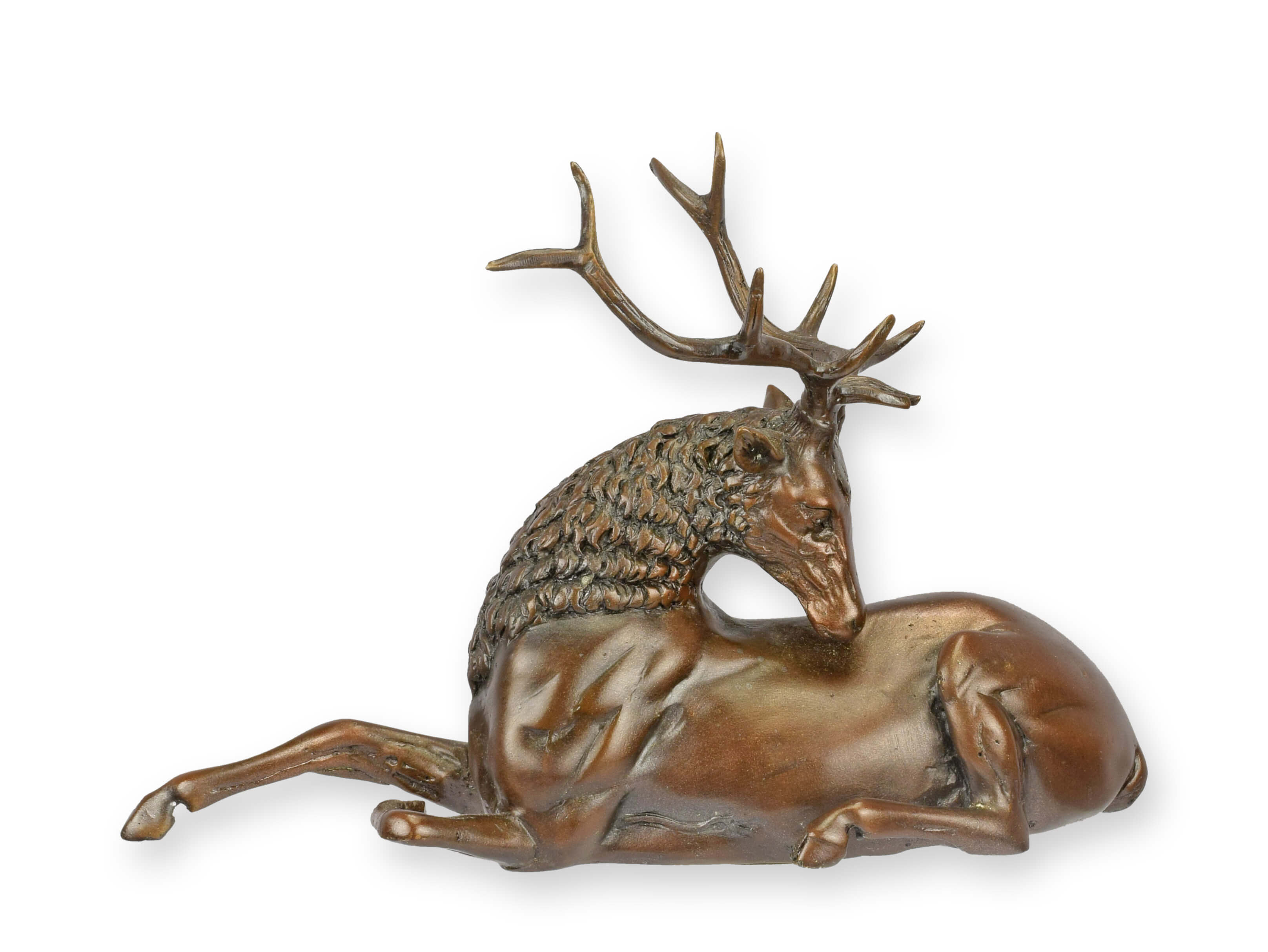 Hirschstatue, Bronzeton, Geweihträger Hirsch, liegender Hirsch, Skulptur Hirsch