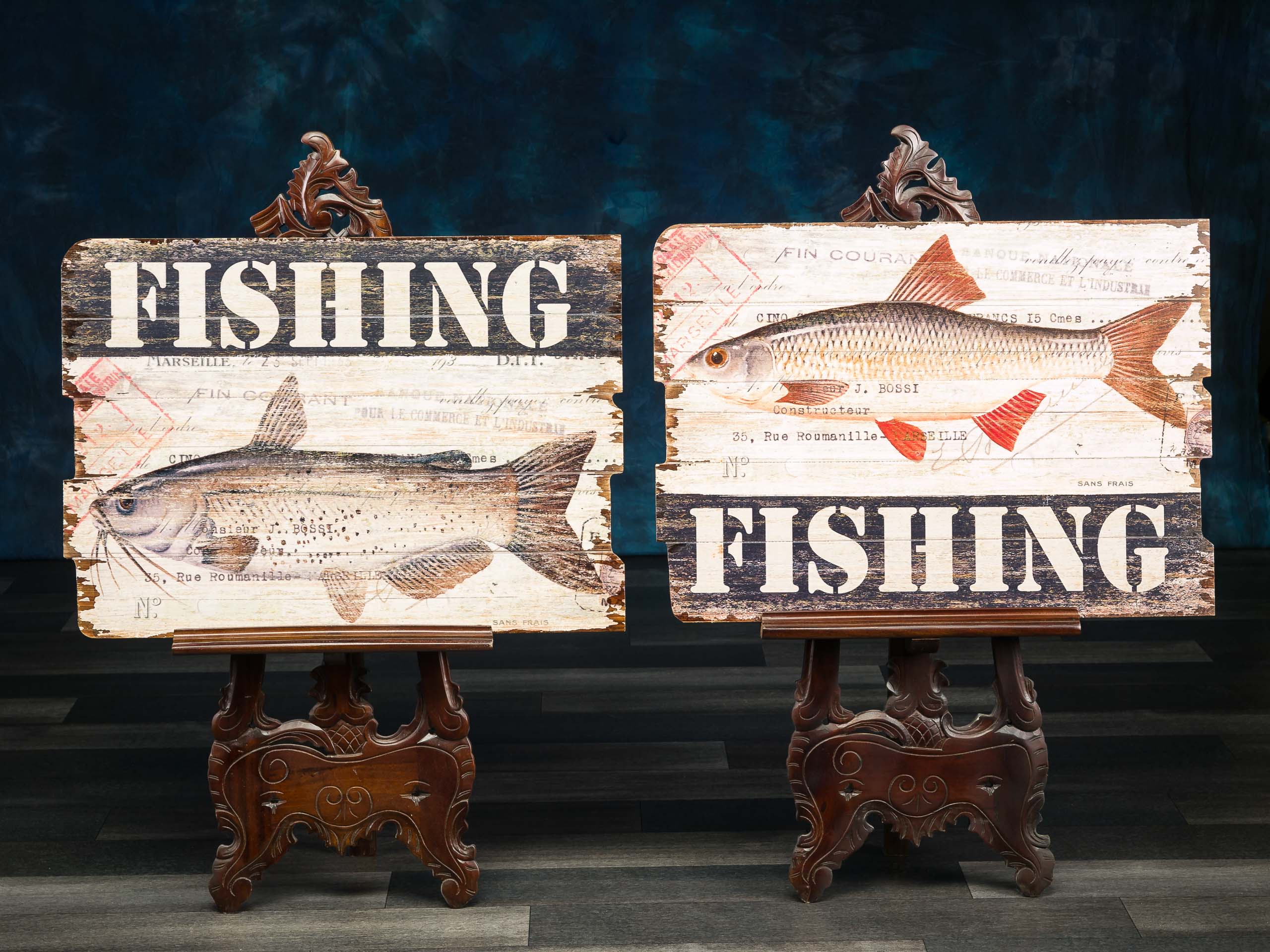 2x Bild Wandtafel Tafel Fishing Holzbild Wandbild Fischfang Angler angeln