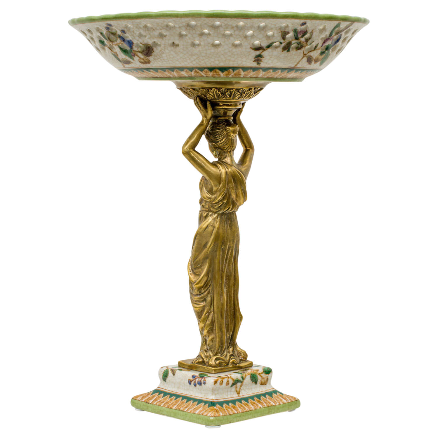 Schale Prunkschale Frau Blume Skulptur Porzellan Messing Antik-Stil 33cm