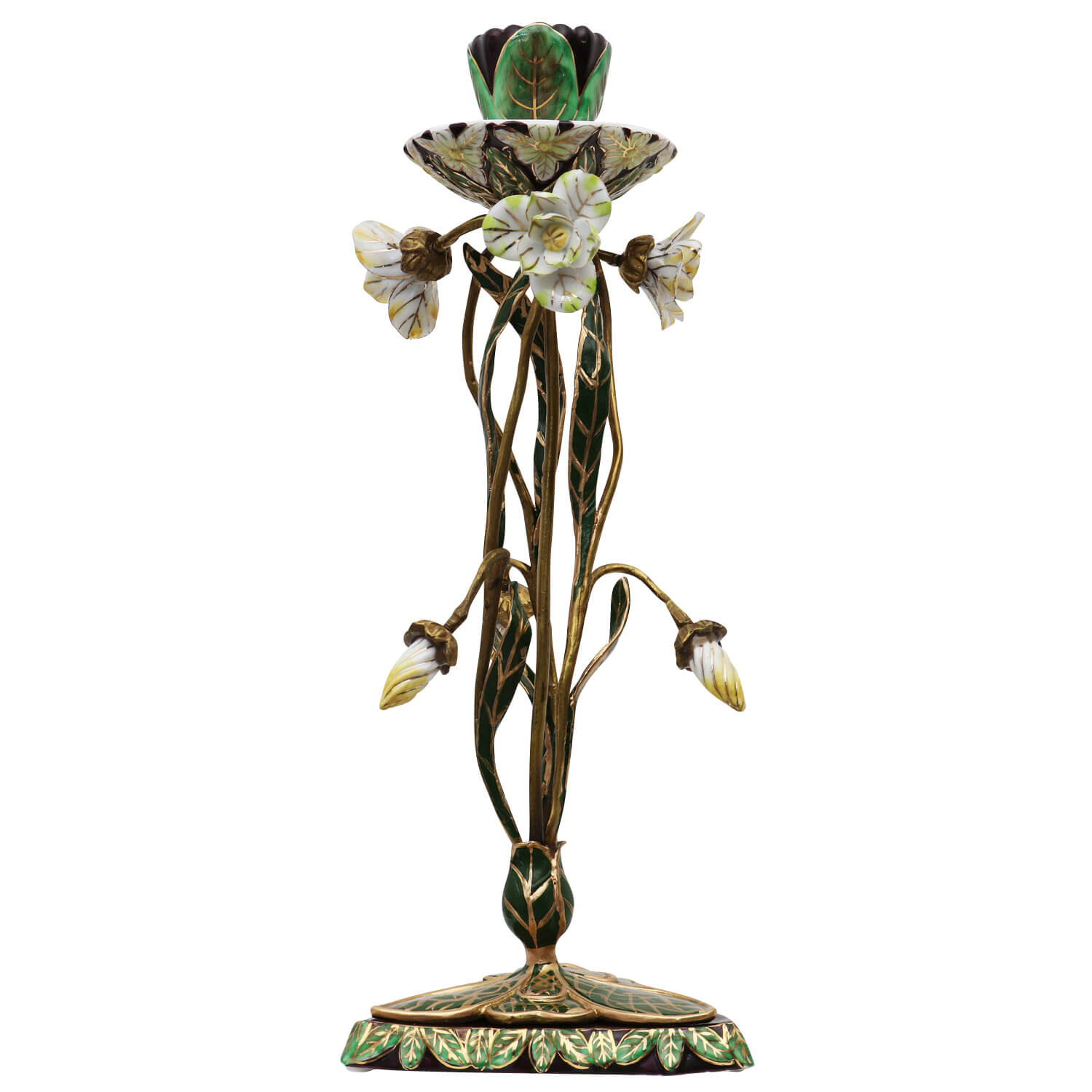 Kerzenständer Porzellan Messing Blume Rose Skulptur Antik-Stil 29cm