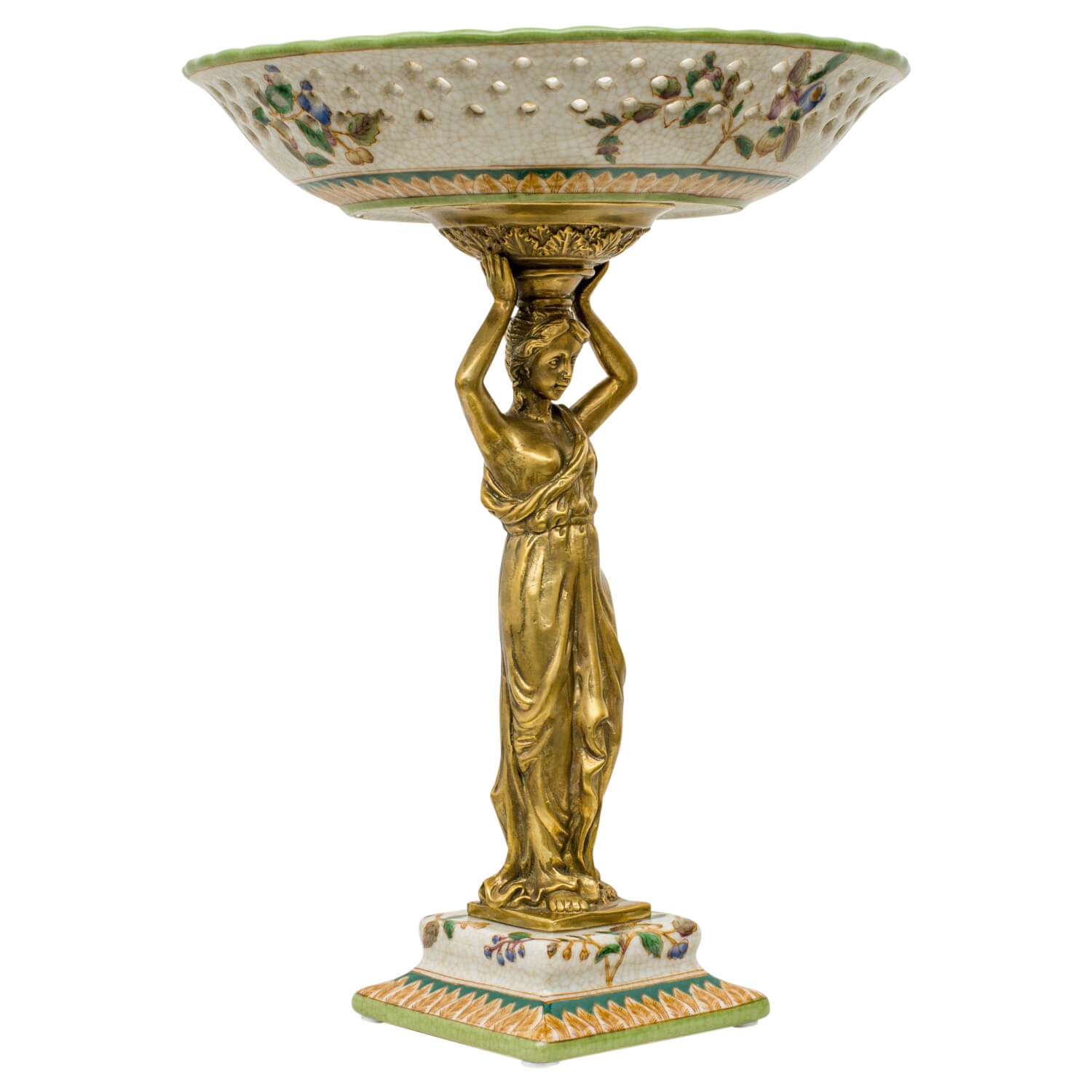 Schale Prunkschale Frau Blume Skulptur Porzellan Messing Antik-Stil 33cm