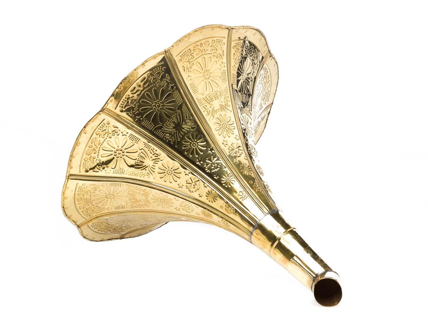 Trichter Grammophon Horn goldfarben mit Verzierungen im antik Stil