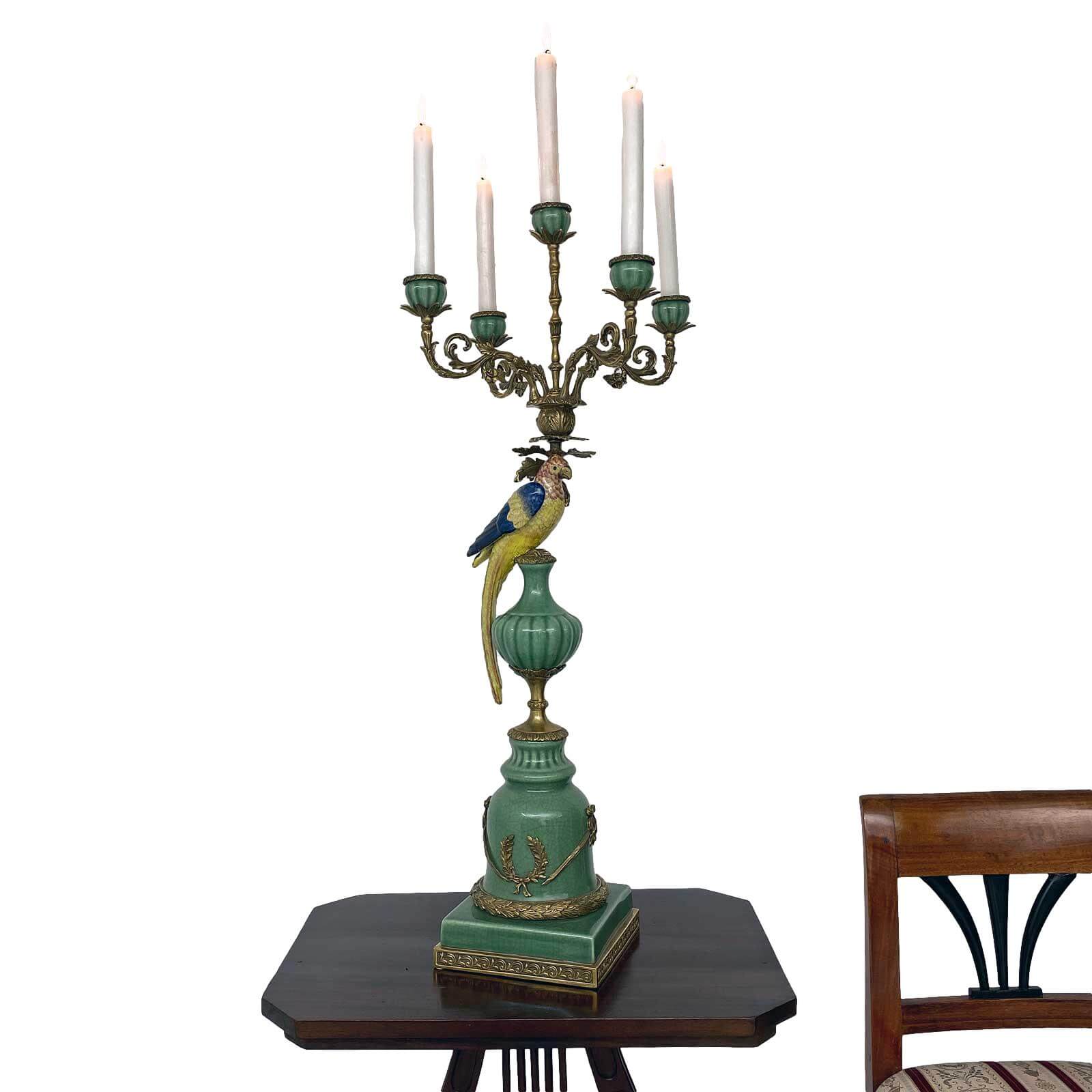 Paar Kerzenständer Porzellan Messing Vogel Papagei Skulptur Antik-Stil 84cm