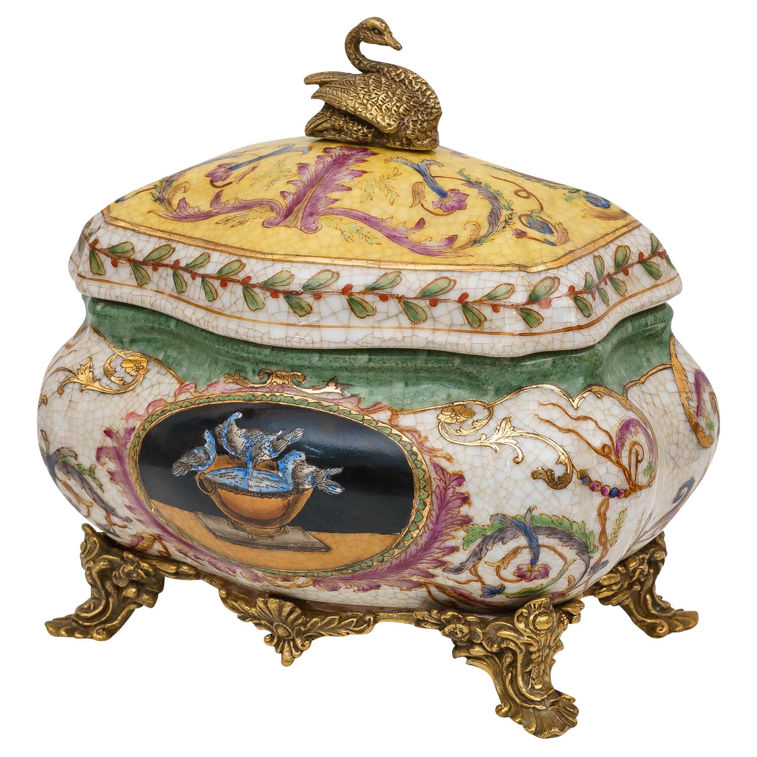 Porzellan Schatulle Schmuckschatulle Porzellanbox Dose Schwan Antik-Stil 17cm