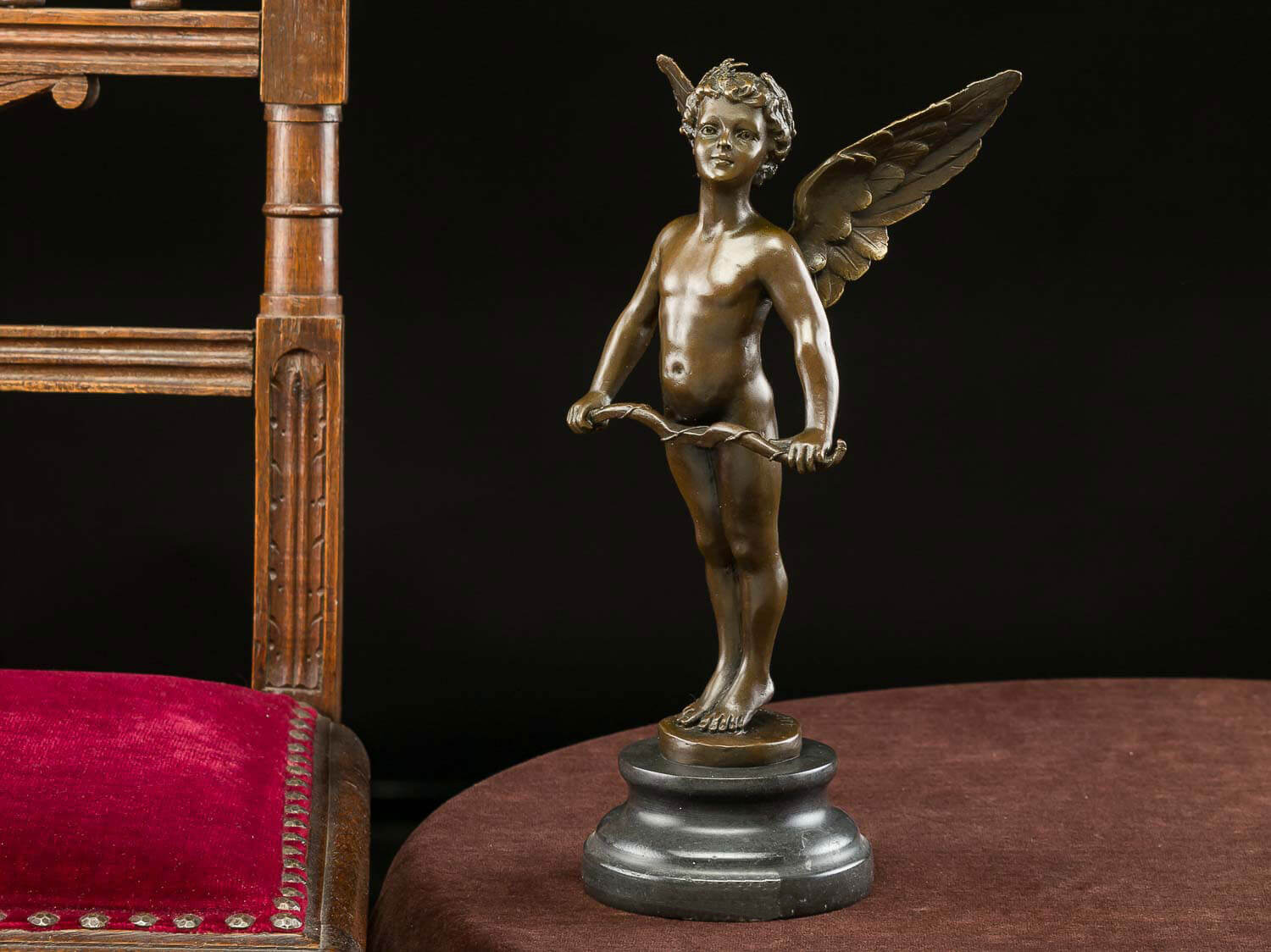 Bronzeskulptur Bronzestatue Engel Amor Bronze Figur Steinplinthe Antik-Stil