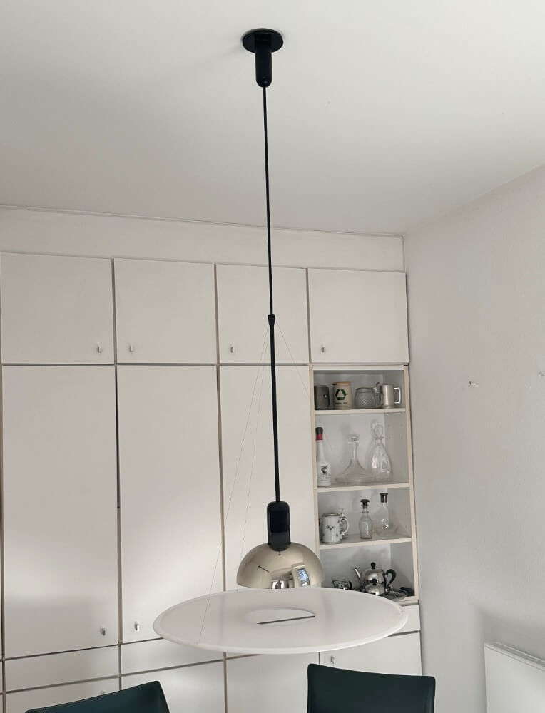 pendant light, hängelampe, metallschirm, speisebereich, weiße innenausstattung