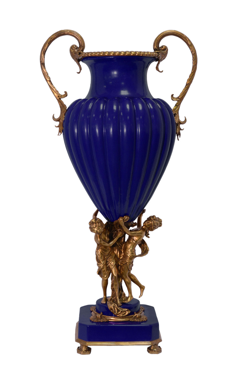 Vase Porzellan Blau Messing Porzellanvase Engel Skulptur Antik-Stil - 79cm