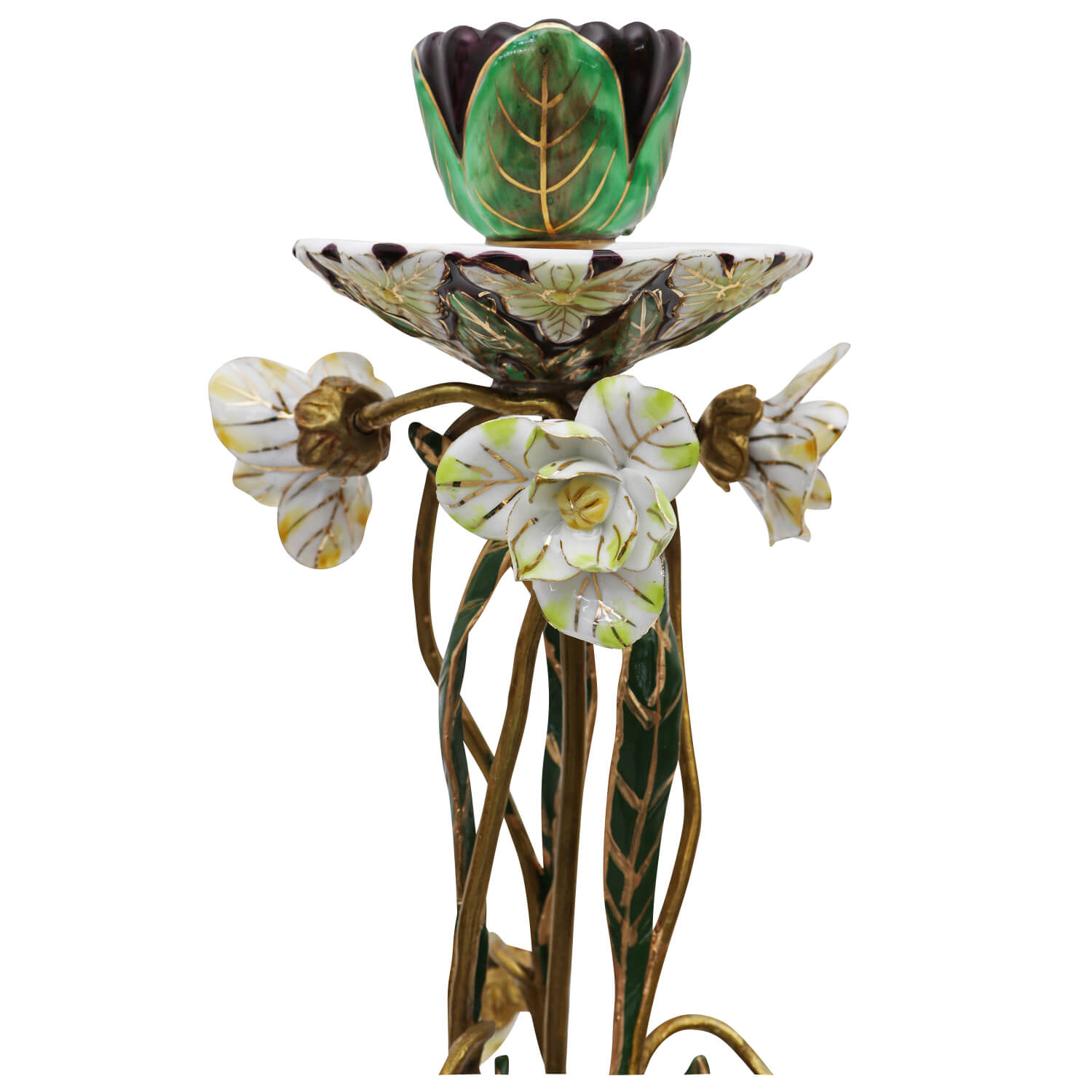 Kerzenständer Porzellan Messing Blume Rose Skulptur Antik-Stil 29cm