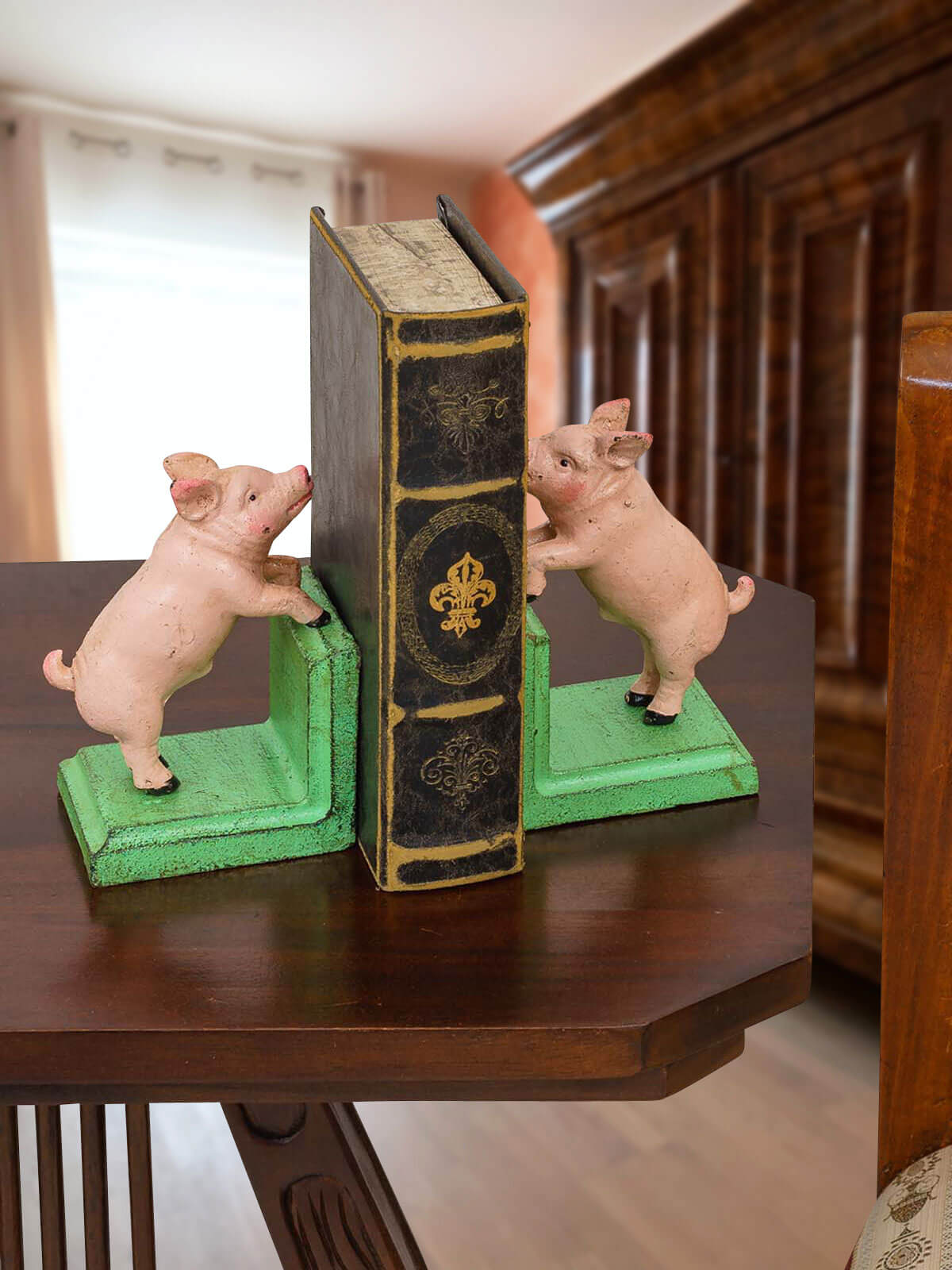 2 Buchstützen Buchständer Schwein Statue Figur Skulptur Eisen 14cm Antik-Stil