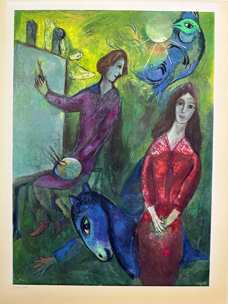 Kunstdruck, Figurative Malerei, Bunte Farben, Blauer Esel, Rotes Kleid
