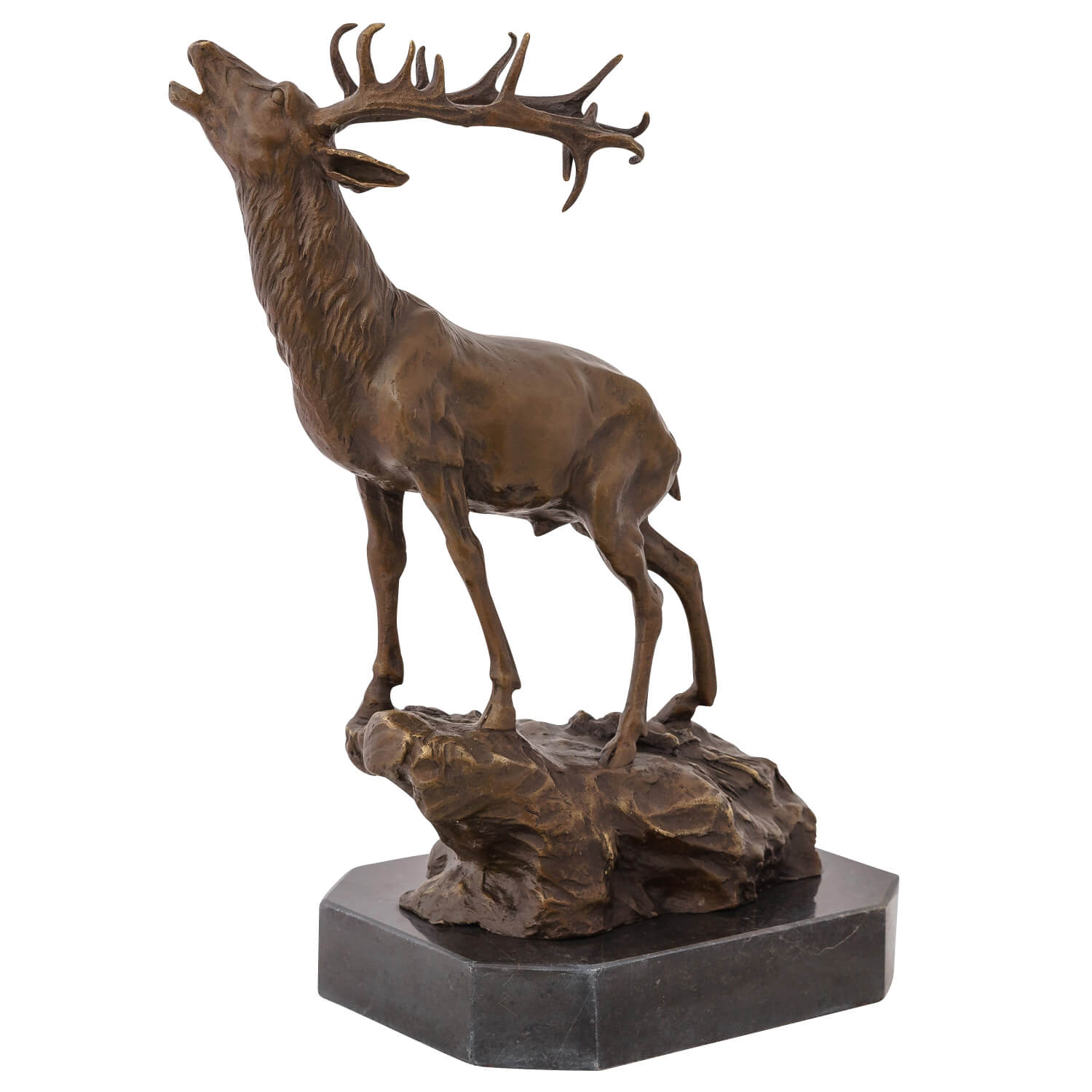 Bronzeskulptur röhrender Hirsch Felsen im Antik-Stil Bronze Figur Statue