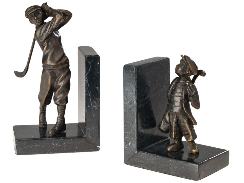 Paar Bronze Buchstützen Golf Buchstütze Golfspieler Buch Antikstil bookend book