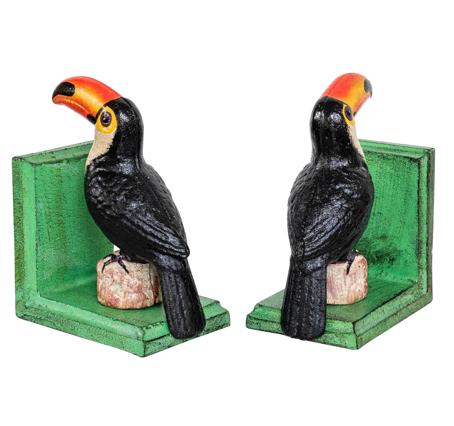 2 Buchstützen Buchständer Tukan Vogel Figur Skulptur Eisen 16cm Antik-Stil