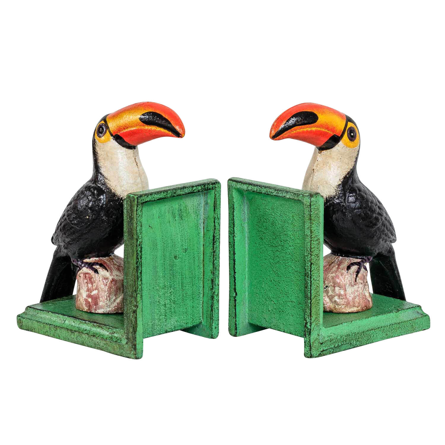 2 Buchstützen Buchständer Tukan Vogel Figur Skulptur Eisen 16cm Antik-Stil