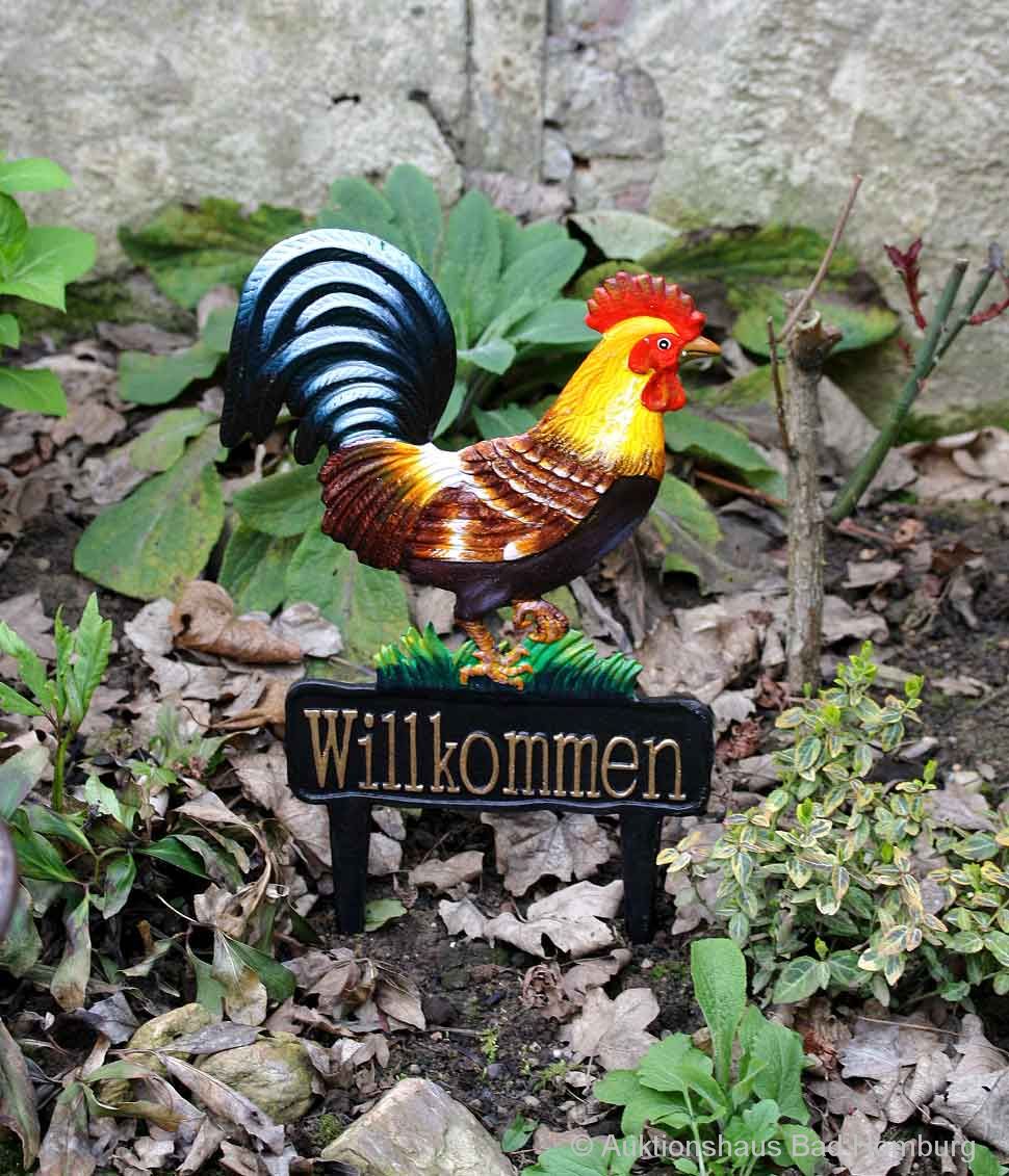 Beetstecker Huhn Hahn Willkommen Schild Garten Figur Skulptur antik Stil garden