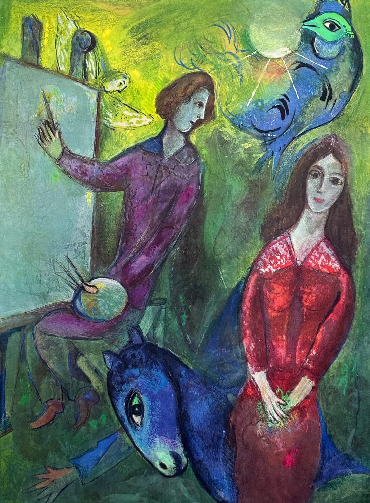 Gemälde, figurative Kunst, Maler und Modell, fantastische Tiere, kräftige Farben