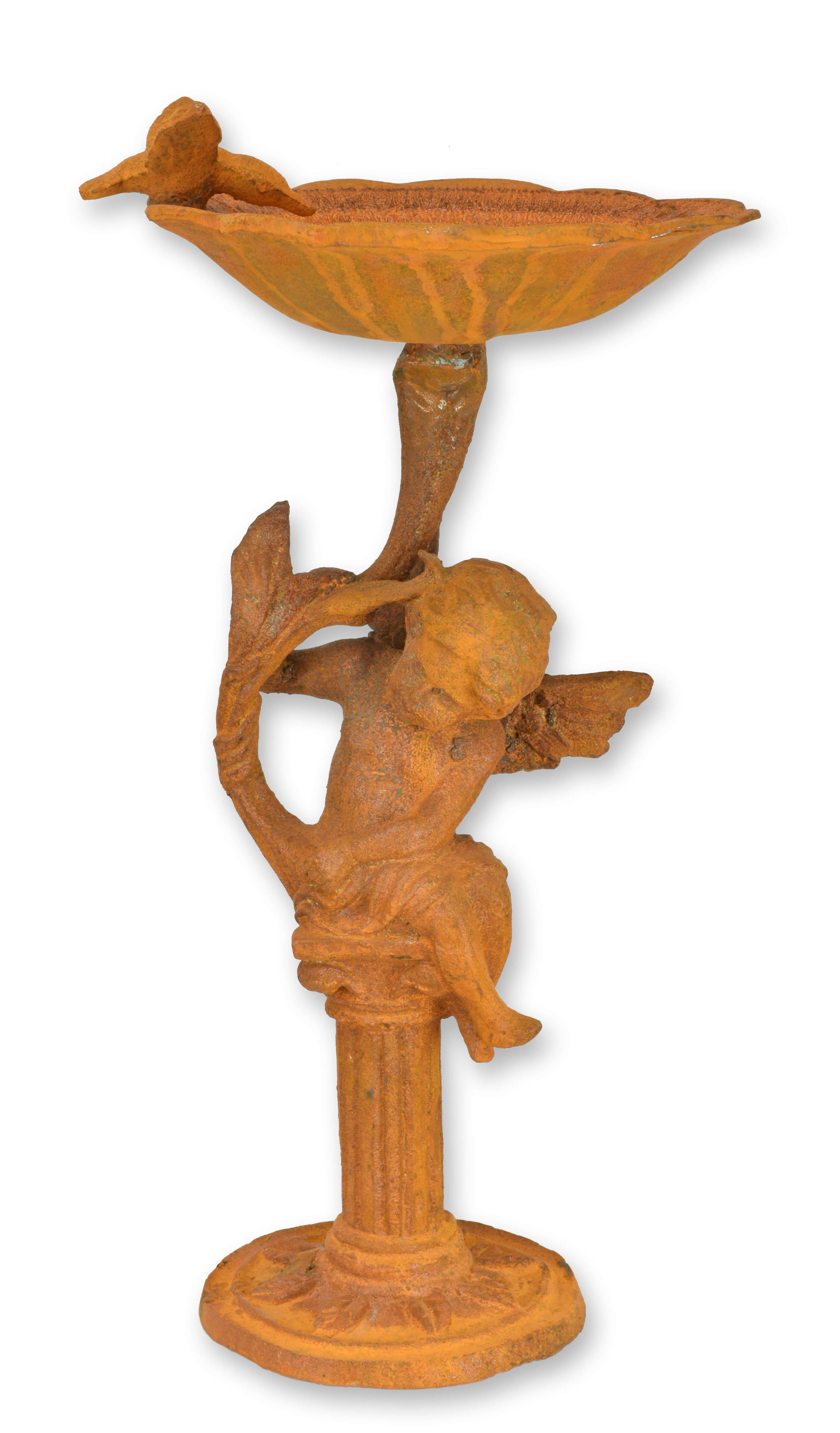 Ein rostiges Vogelbad aus Gusseisen in Form eines Putto auf einem Ständer Replikat Retro Design Dekoration