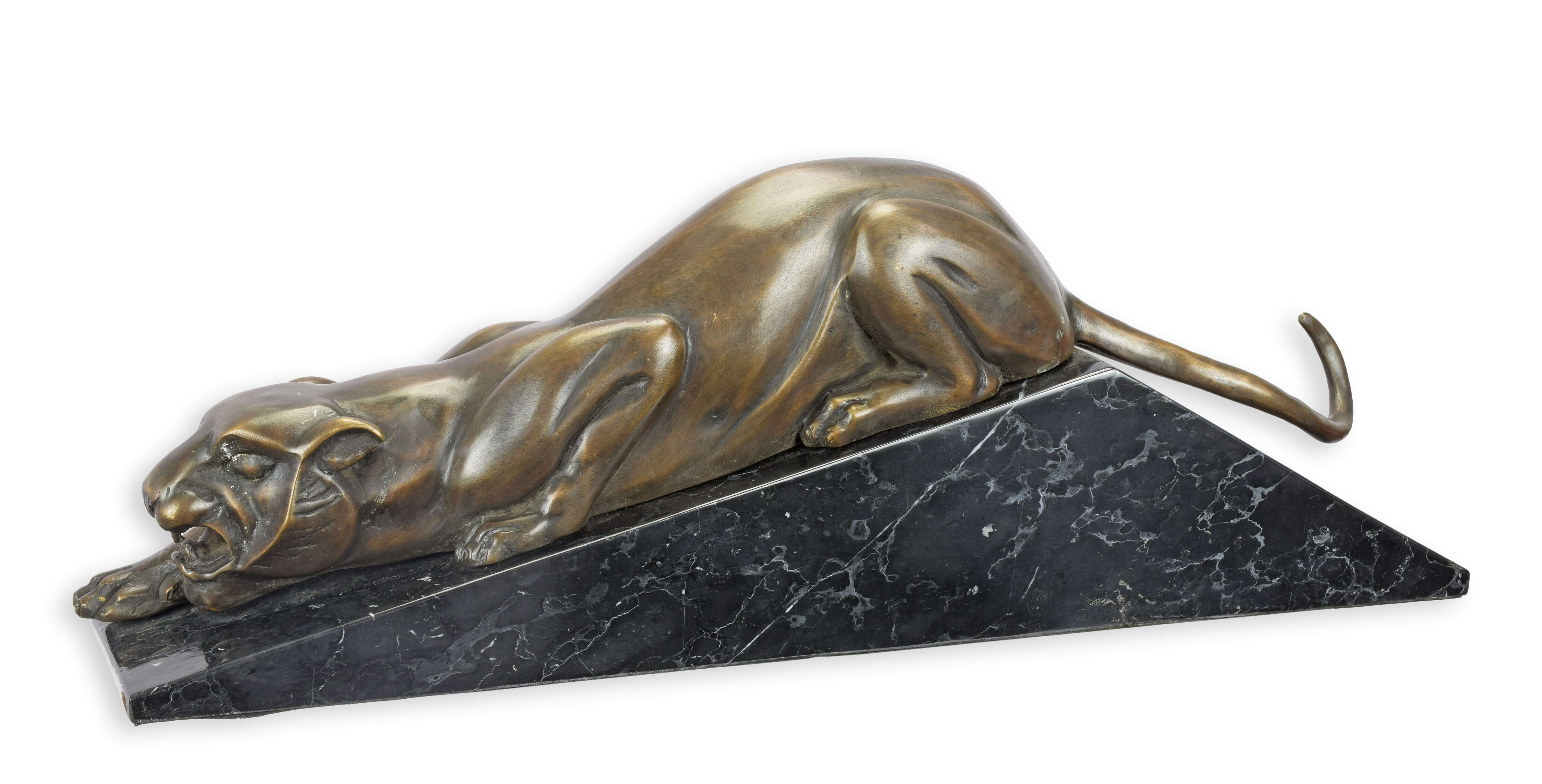 bronze statue, löwen skulptur, panther statue, marmorbasis, kunst deco