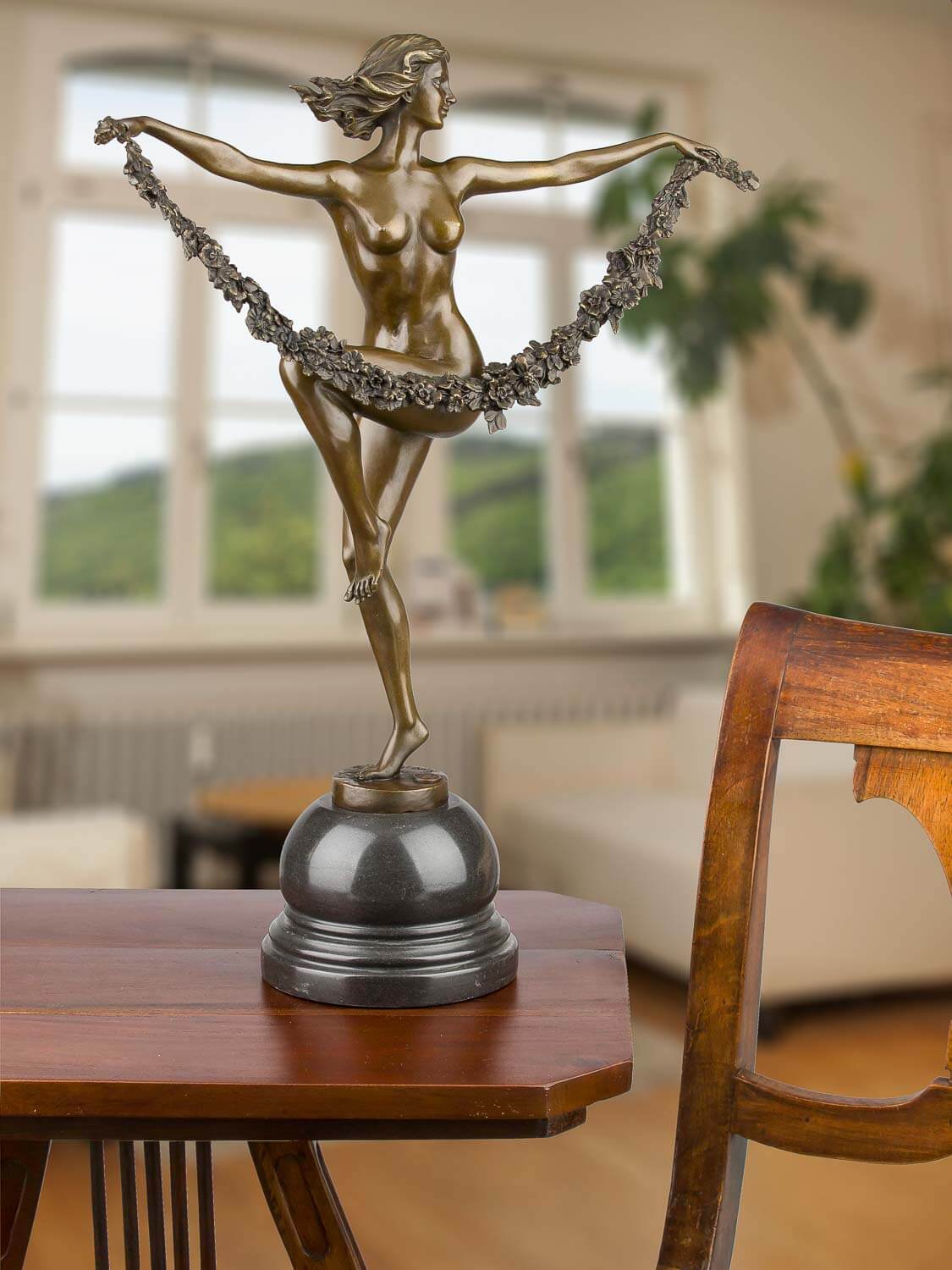 Bronzeskulptur Tänzerin Blume im Antik-Stil Bronze Figur Statue - 54cm