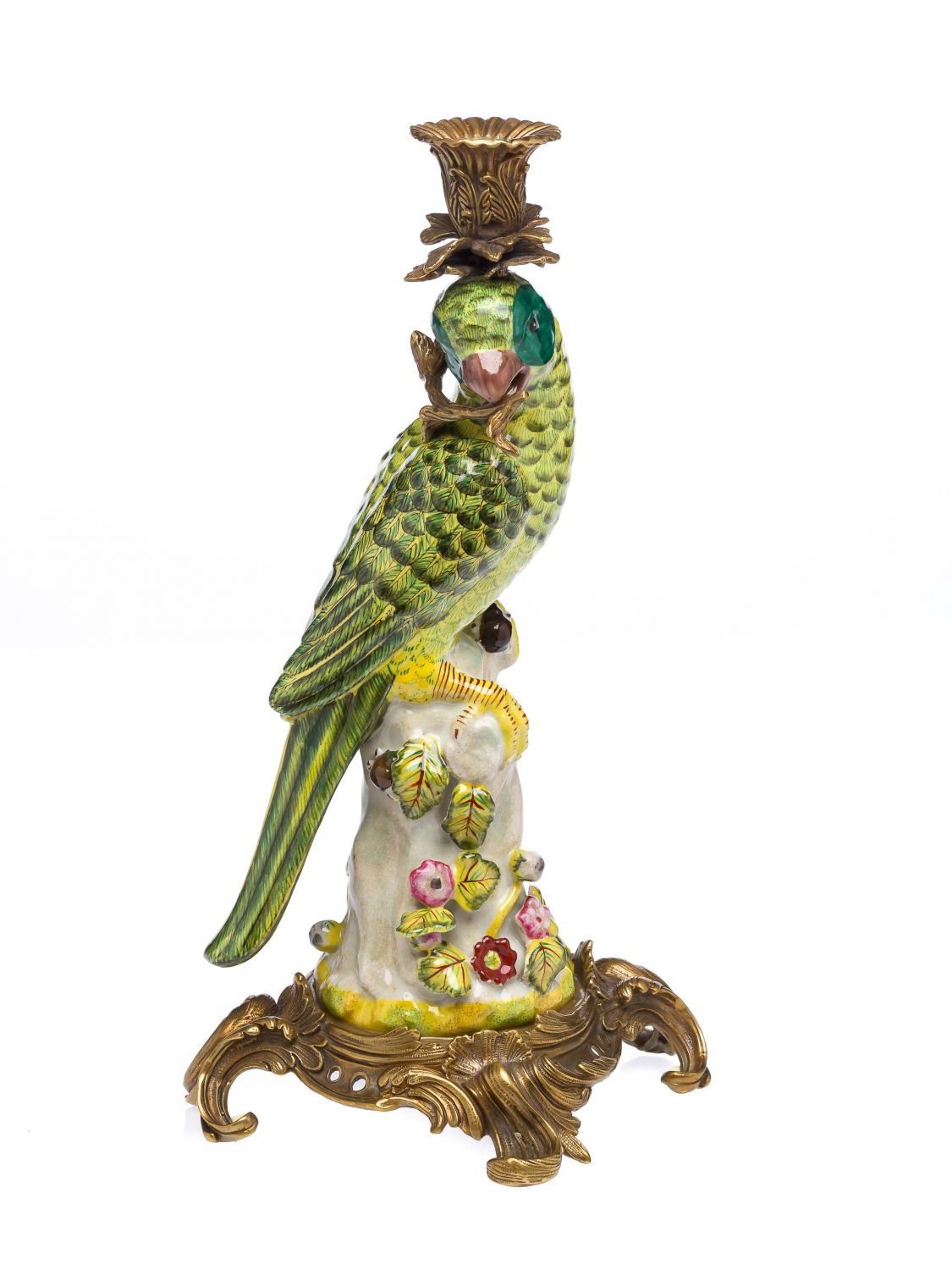 Pair of parrots, candle holders, porcelain, bronze figure, antique ...
